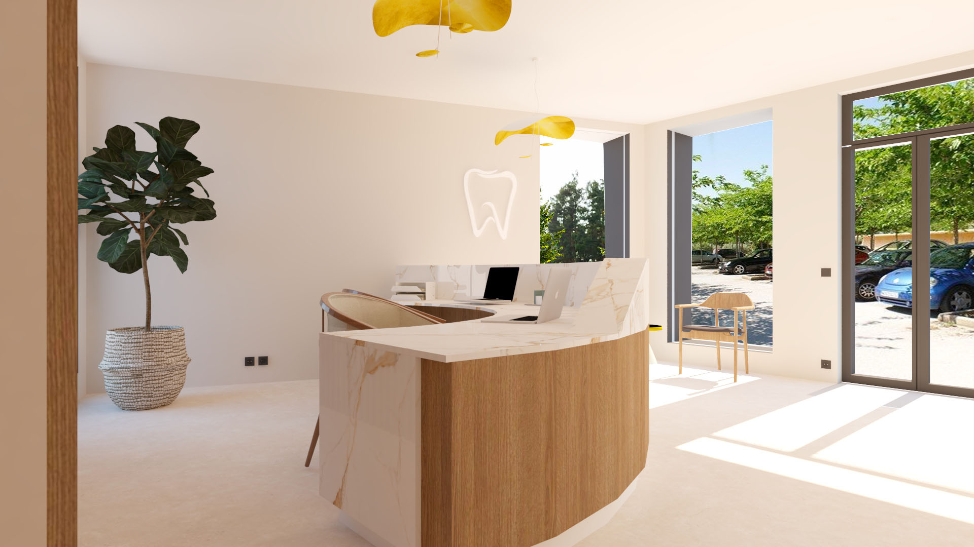 Réhabilitation d’une maison en cabinet médical avec un accueil sur-mesure, accessible PMR, conçu en menuiserie et pierre naturelle.