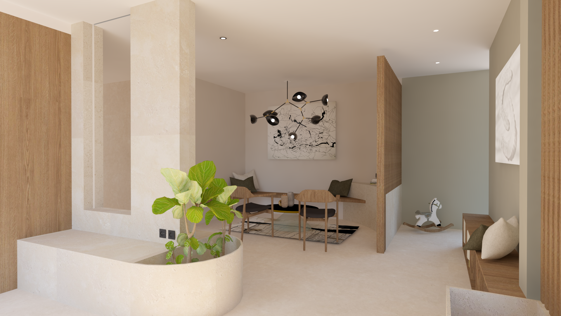 Réhabilitation d'une maison en cabinet dentaire sur mesure, utilisant du béton ciré, du bois et des plantes pour créer un espace relaxant et moderne.