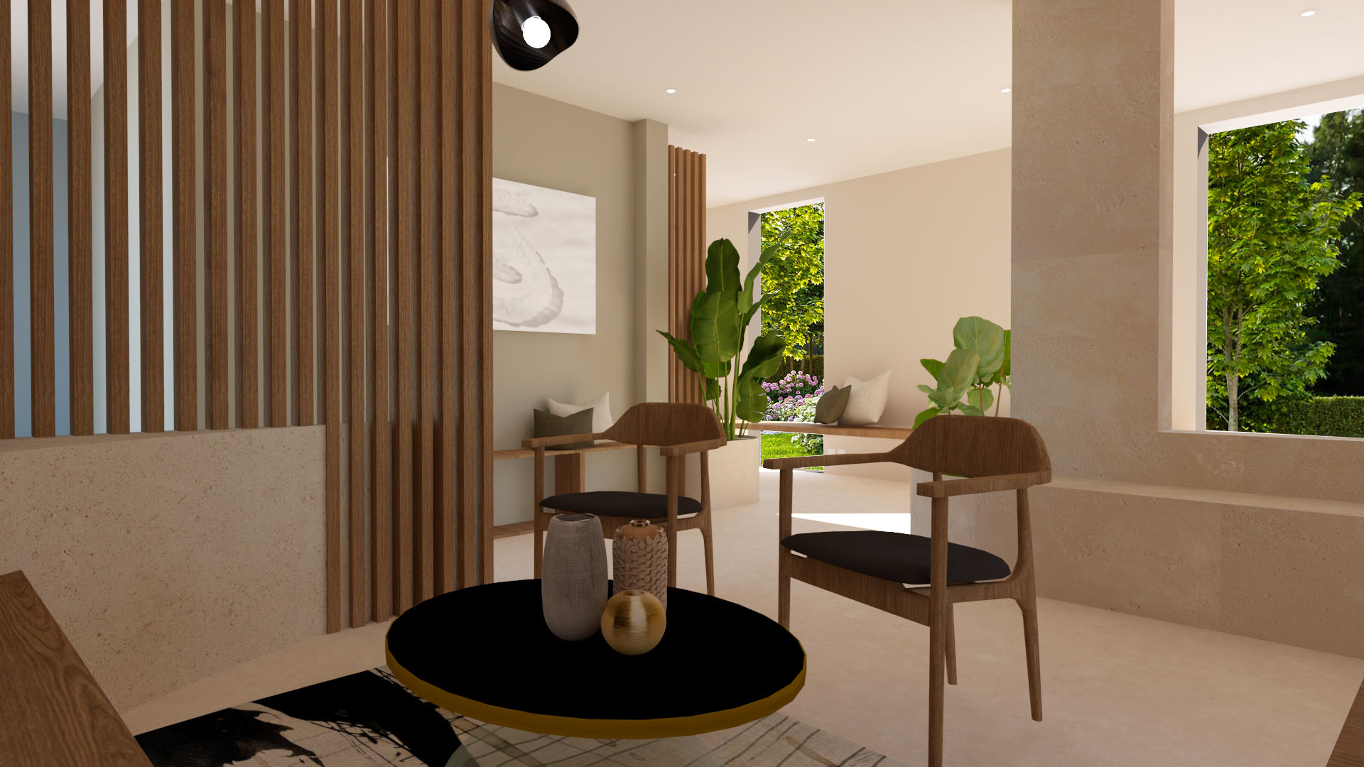 Salle d'attente médicale chaleureuse, mélange de bois et béton ciré avec des teintes neutres pour une ambiance minérale et apaisante