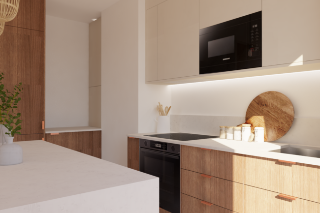 Détail cuisine réalisée par des architectes d’intérieur, placards toute hauteur, espace optimisé dans un style sobre et fonctionnel.