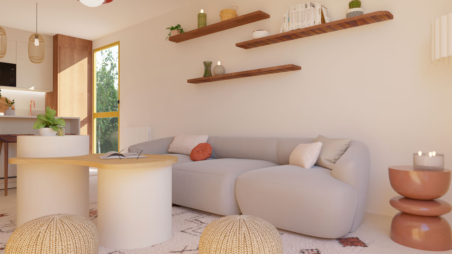 Salon minimaliste avec canapé en bouclette blanc, table gigogne deux niveaux, étagère et décoration harmonieuse.