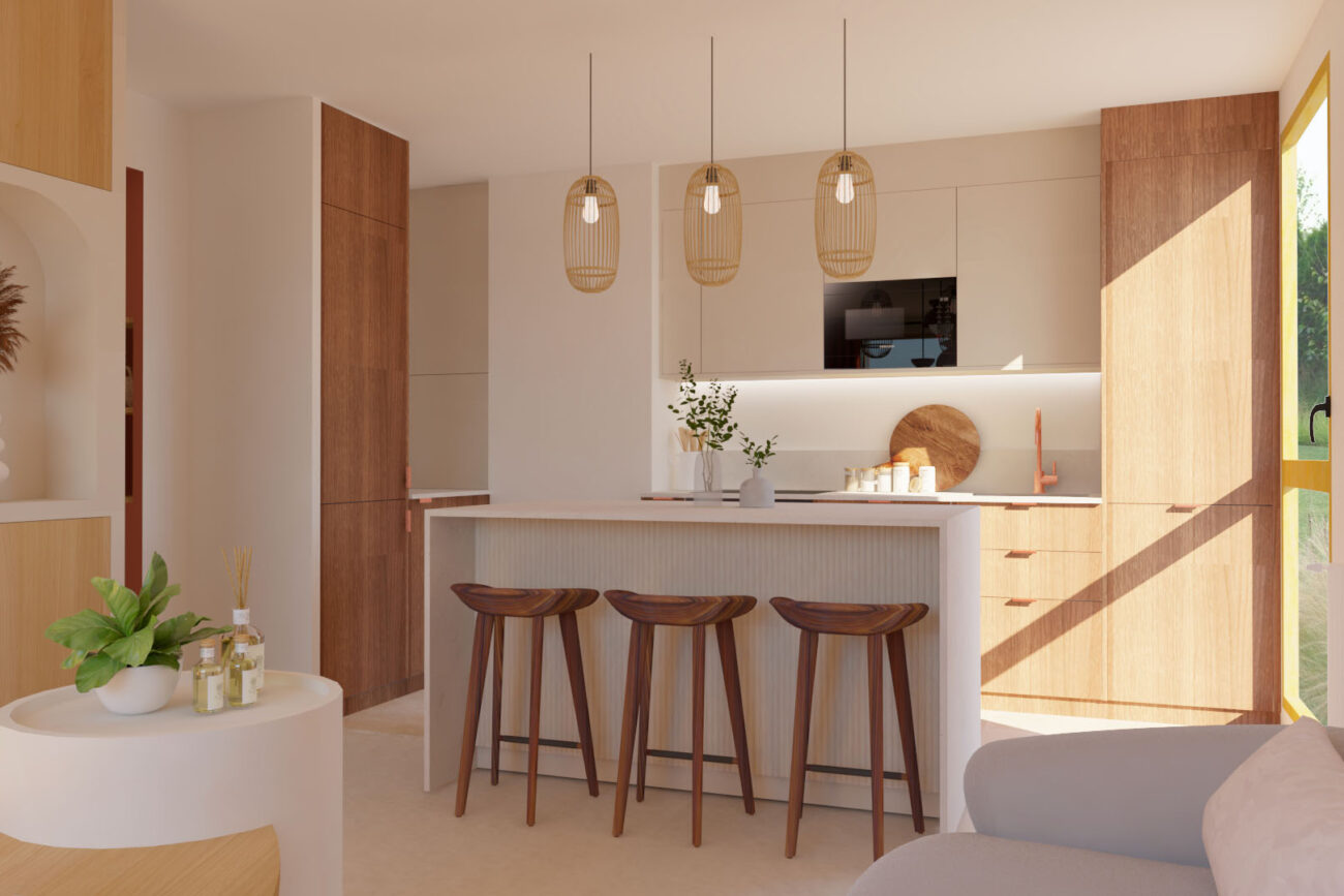 Rénovation d’un appartement, cuisine minimaliste avec îlot central, bois foncé et nuances claires, espace optimisé et design.