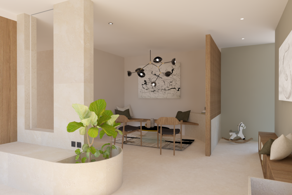 Salle d'attente minimaliste et organique avec claustra en bois pour une ambiance chaleureuse, verre fluoré pour l'intimité, sur-mesure.