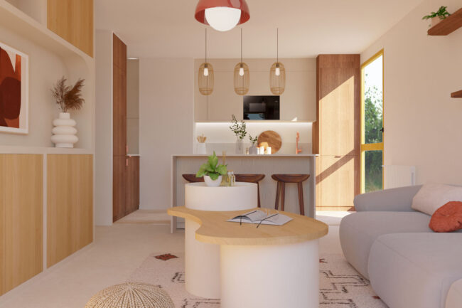 Vue du salon et de la cuisine rénovés dans un style sobre et minimaliste, avec un mobilier design et une ambiance harmonieuse.