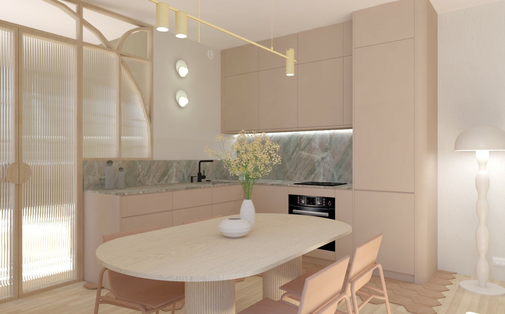 Cuisine sur-mesure avec caissons IKEA, façades Bocklip et verrière sur mesure. Élément central de l’appartement pensé par les architectes d’intérieur ELLESTUDIO.