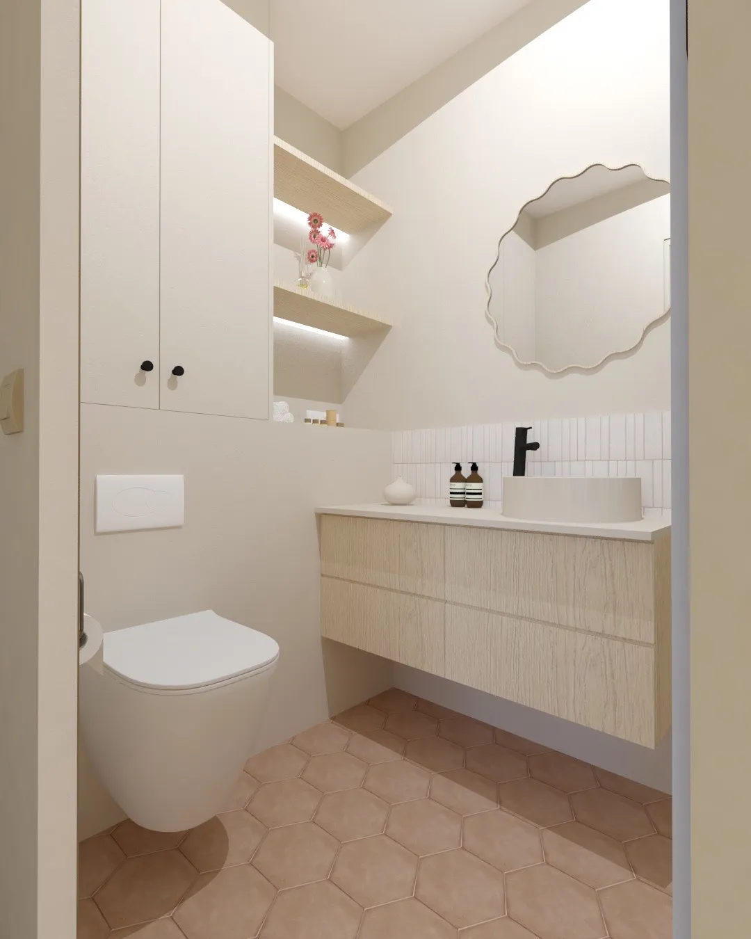 Meuble de salle de bain IKEA avec façades Bocklip en chêne naturel par Ellestudio