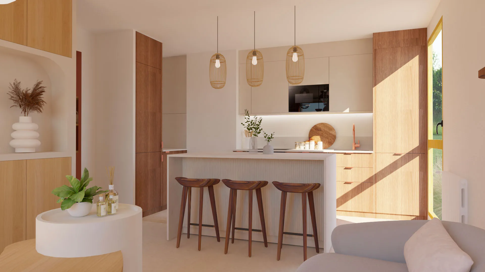 Cuisine et salon rénovés sur-mesure par des architectes d’intérieur, avec un îlot central, un mélange de bois foncé et des nuances de beige pour un design épuré et élégant