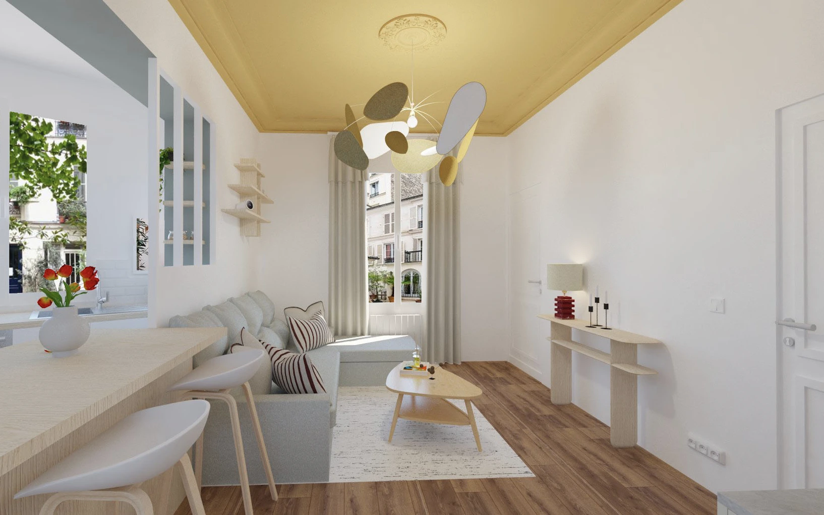 Projet dans le 14 arrondissement de Paris, réalisé par les architecte d'interieur ellestudio. Design épuré minimaliste et coloré.