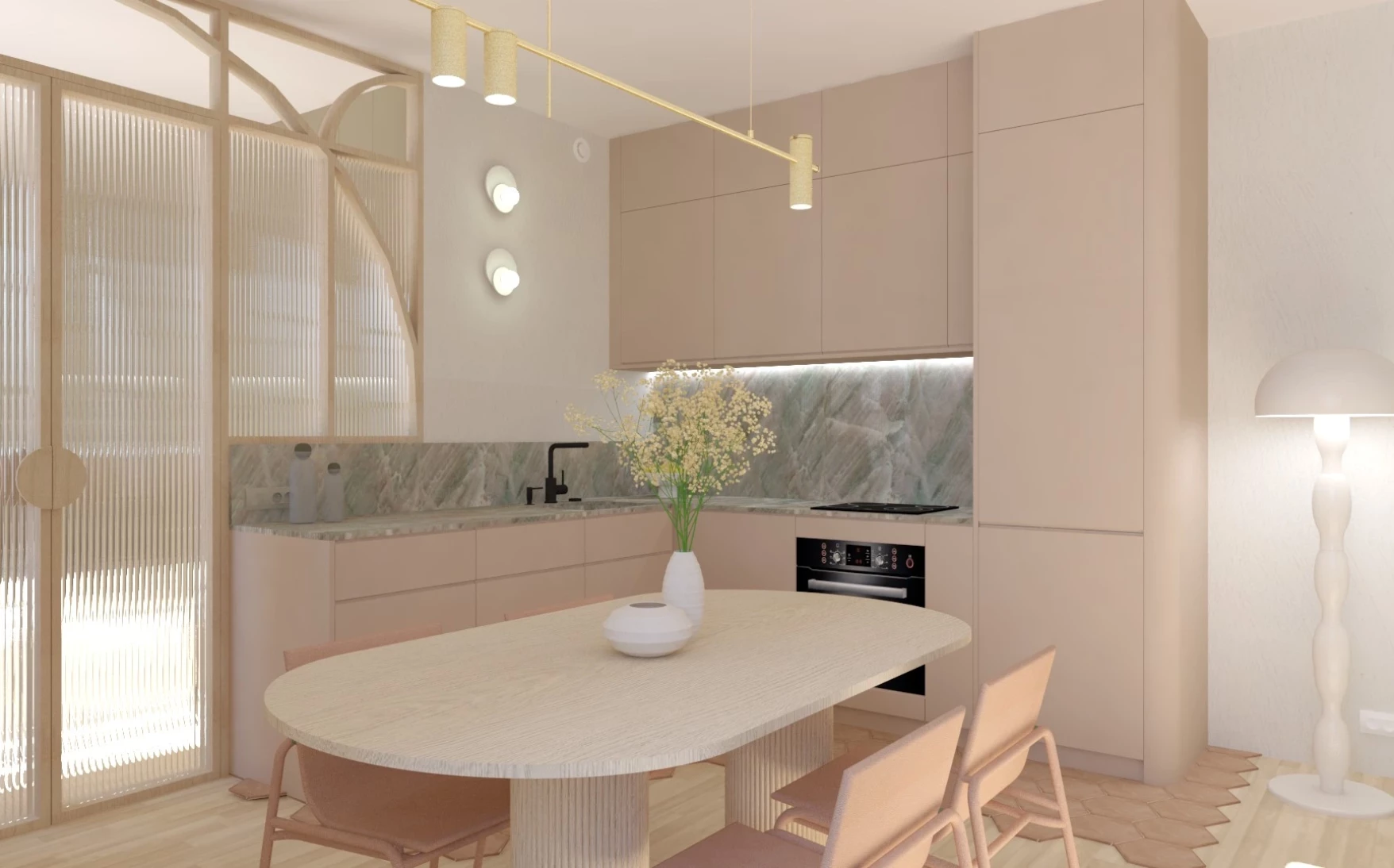 Cuisine sur-mesure avec caissons IKEA, façades Bocklip et verrière sur mesure. Élément central de l’appartement pensé par les architectes d’intérieur ELLESTUDIO.